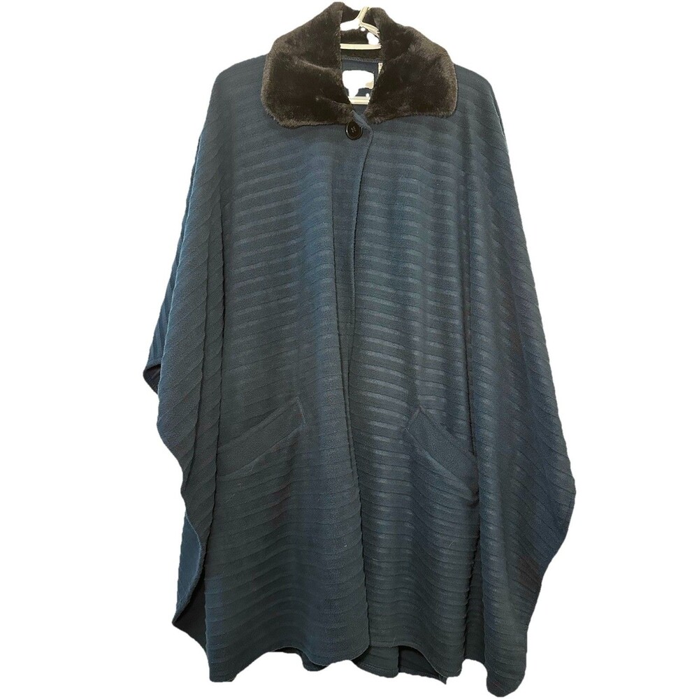 Le Moda Vintage Teal Cape Poncho Faux Fur Collar Button Front Boho Classic OS
